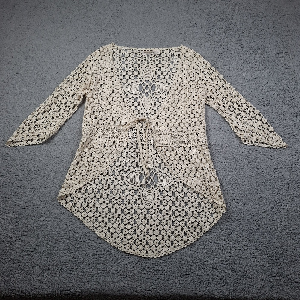 Cardigan Ivory Crochet Floral Tie Front Open Knit Boho Women's M 3/4 Sleeve